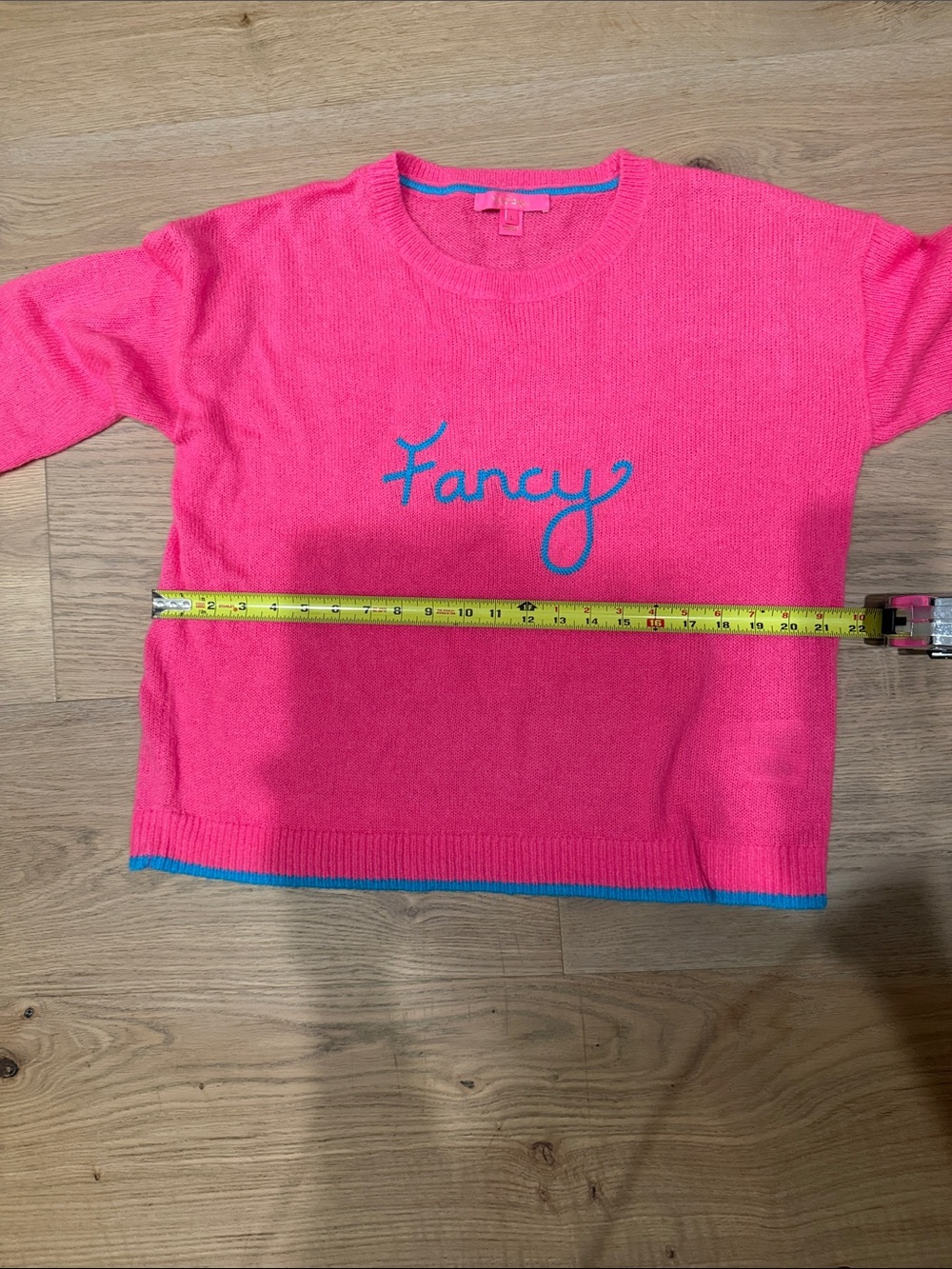 Lilly Pulitzer Hot Pink Crewneck Sweater with Blue 'Fancy' Script - Picture 3 of 7